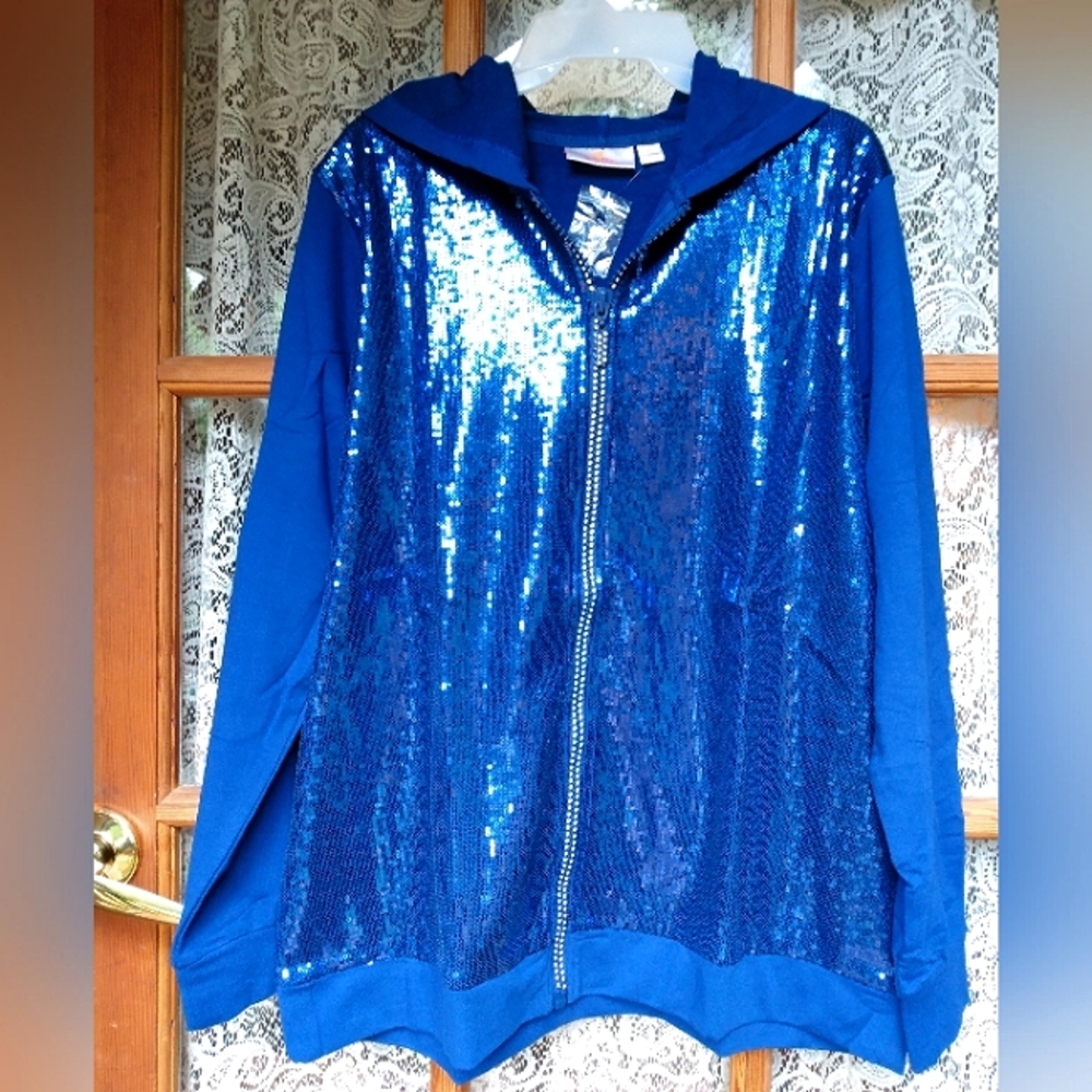 Quacker Factory Sequin French Terry Zip Front Jacket w/Hood